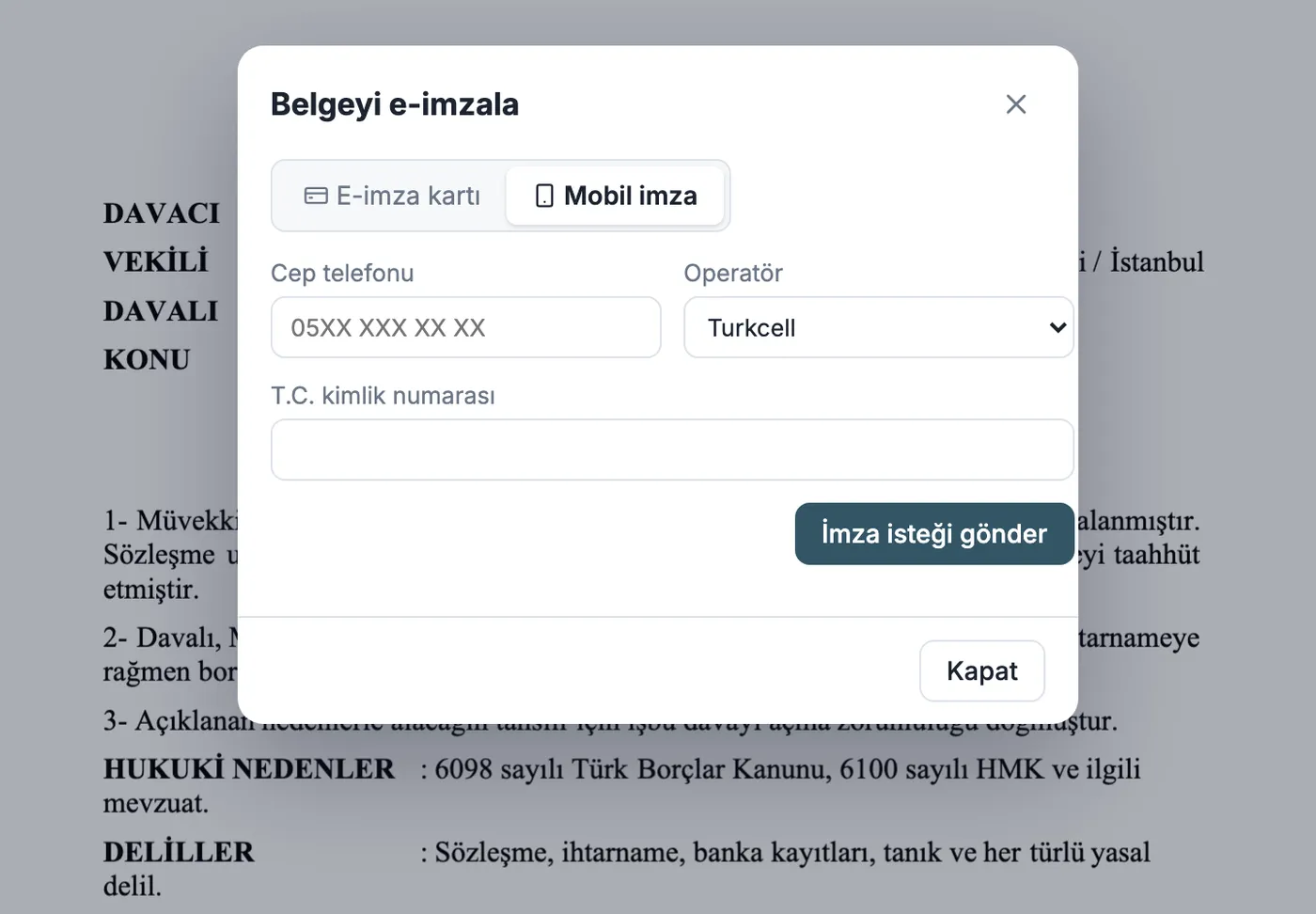 ketbe'de Belgeyi e-imzala penceresi: E-imza kartı ve Mobil imza sekmeleri, cep telefonu, operatör ve T.C. kimlik numarası alanları