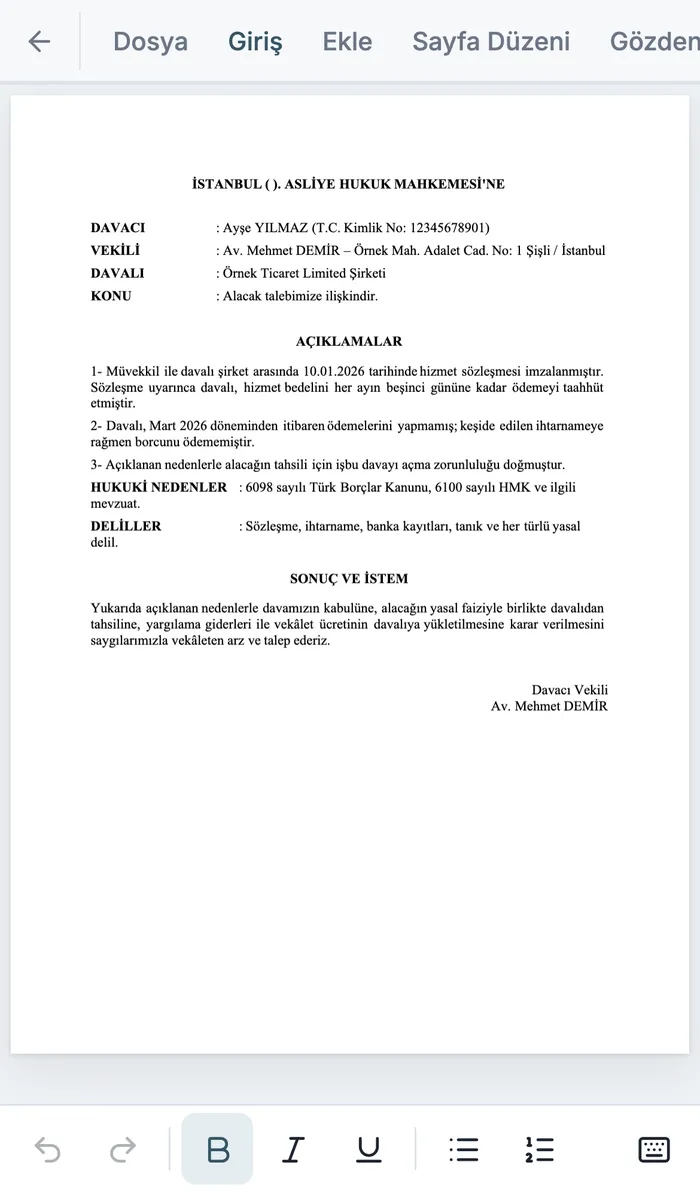 ketbe telefonda: ekrana sığan UDF dilekçesi ve altta kalın, italik, altı çizili ve liste düğmeleri