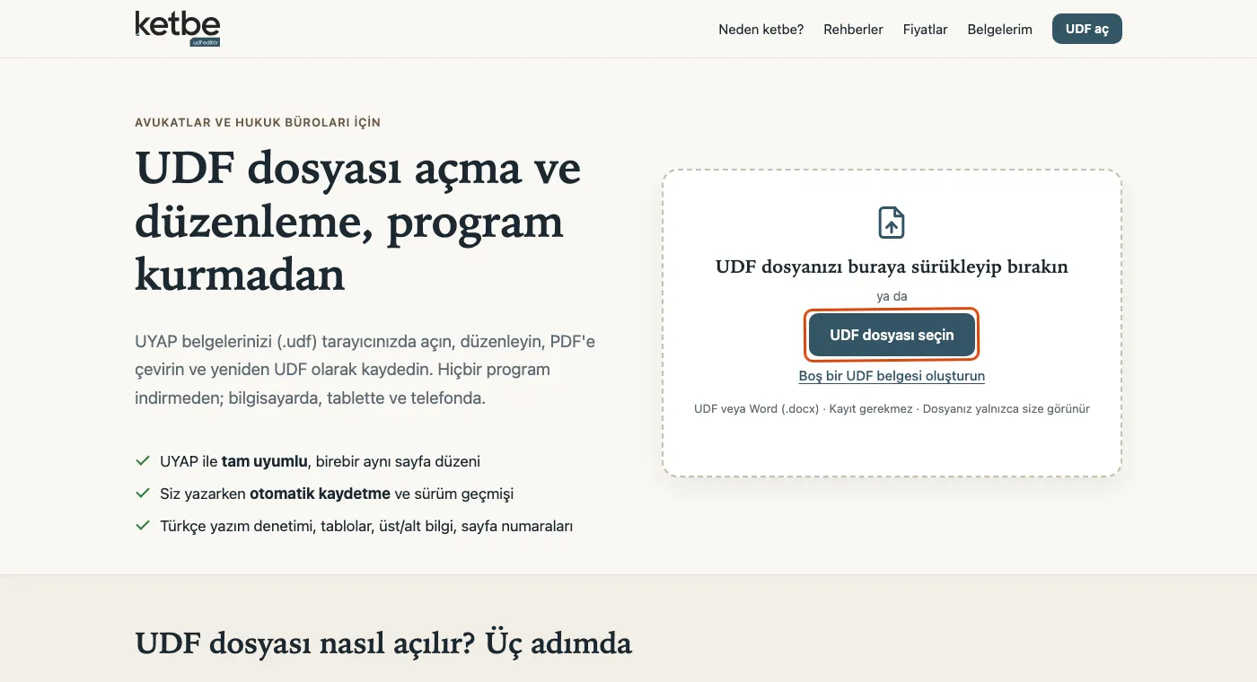 ketbe.com ana sayfası: UDF dosyanızı buraya sürükleyip bırakın kutusu, işaretli UDF dosyası seçin düğmesi