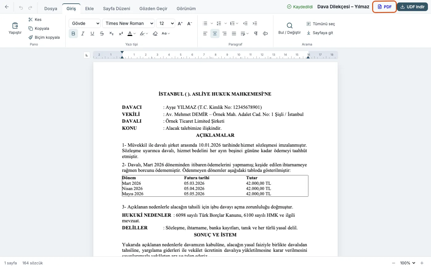 ketbe'de açık dava dilekçesi, sağ üstte işaretlenmiş PDF düğmesi