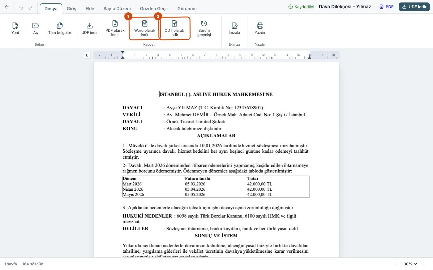 Dosya sekmesinin Kaydet bölümü: UDF indir, PDF olarak indir, işaretlenmiş Word olarak indir ve ODT olarak indir düğmeleri