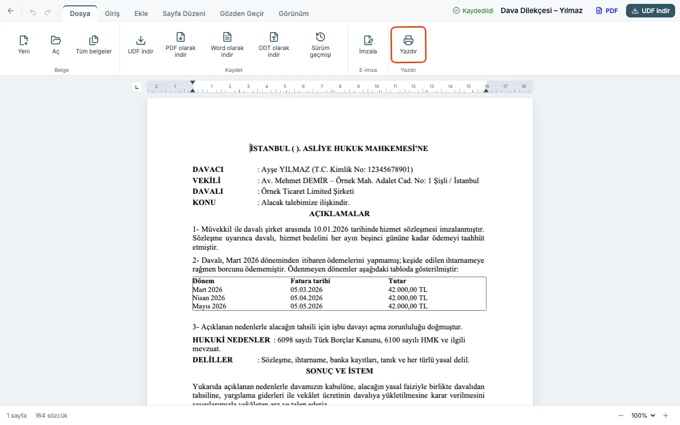 ketbe'de açık dava dilekçesi, Dosya sekmesinde işaretlenmiş Yazdır düğmesi